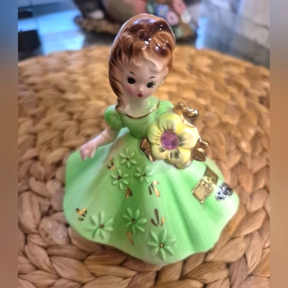 Vintage Josef Originals Mary Rose Figurine Green Dress,May, Pink Stone October - Picture 1 of 6